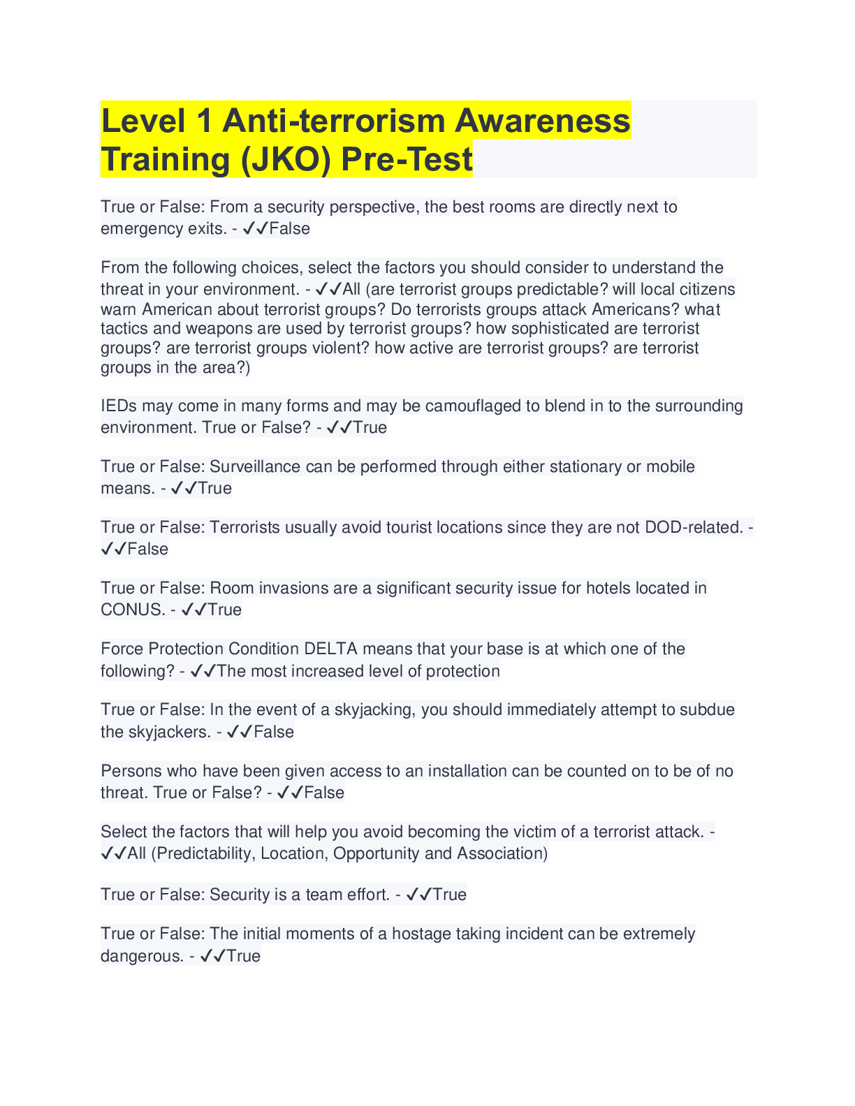 Preview image for Level 1 Anti-terrorism Awareness Training (JKO) Pre-Test(QUESTIONS & ANSWERS)